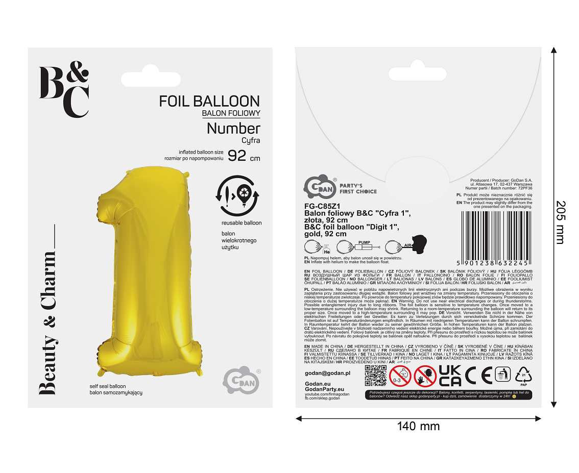 Foil balloon B&C digit 1, gold, 92 cm